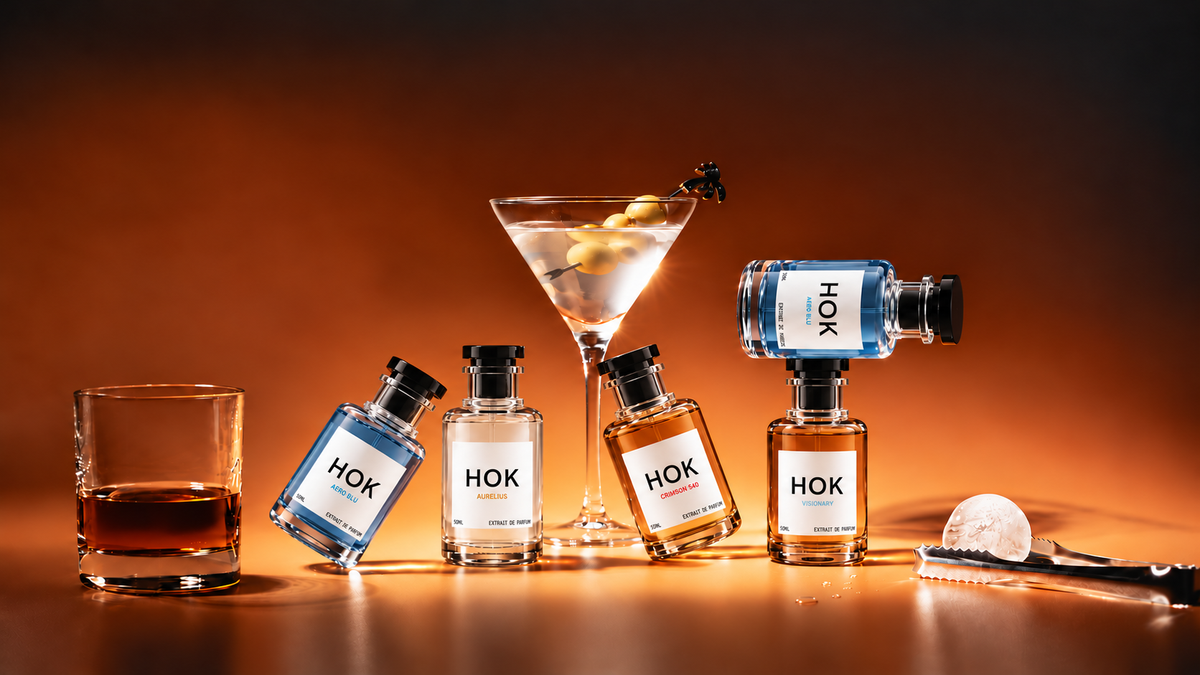 HOK extrait de parfum bottles with a martini and a glass of whisky on a glowing orange bar