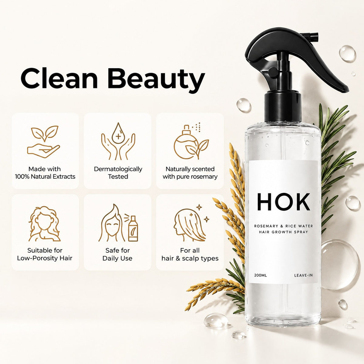 HOK Rosemary & Rice Water Hair Growth Spray HOK