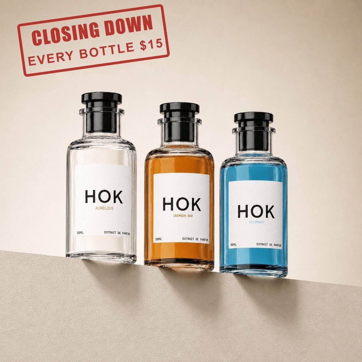 Three HOK bottles, $15 each. 3 for $45, 4 for $60.