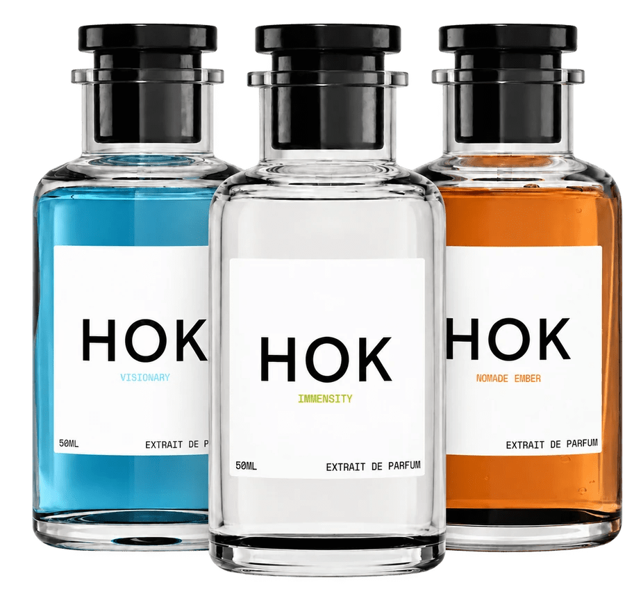 Three HOK extrait de parfum bottles